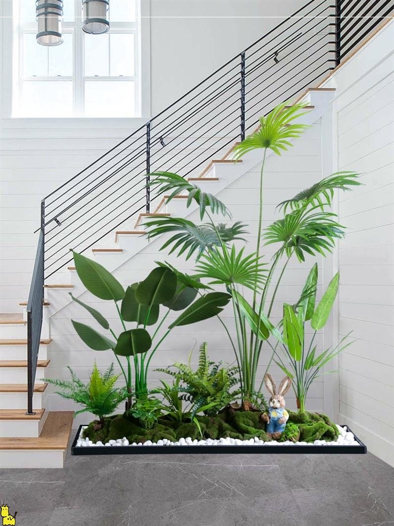 室内楼梯下造景空间转角仿真绿植盆栽假树仿真树景观植物造景装饰