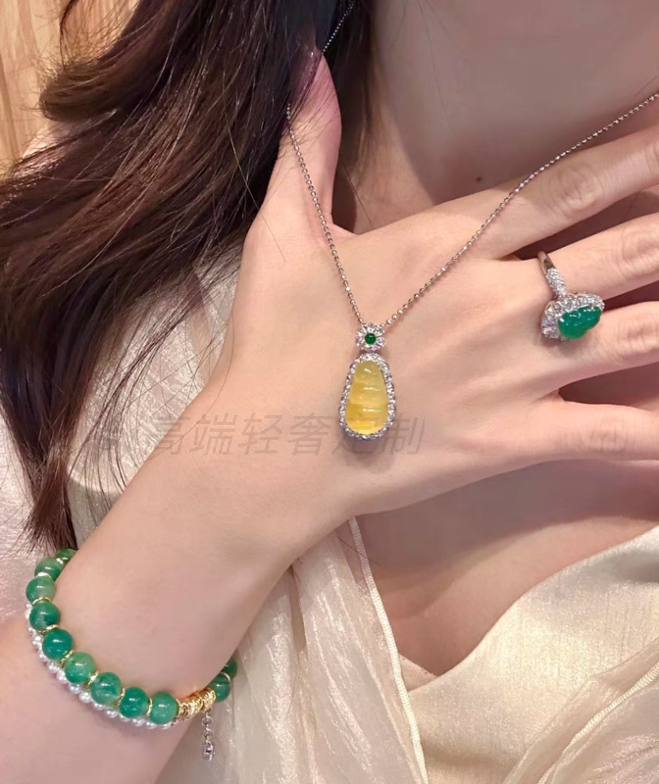 不掉色925银新中式天然黄玉髓福豆吊坠项链女款轻奢小众设计颈链