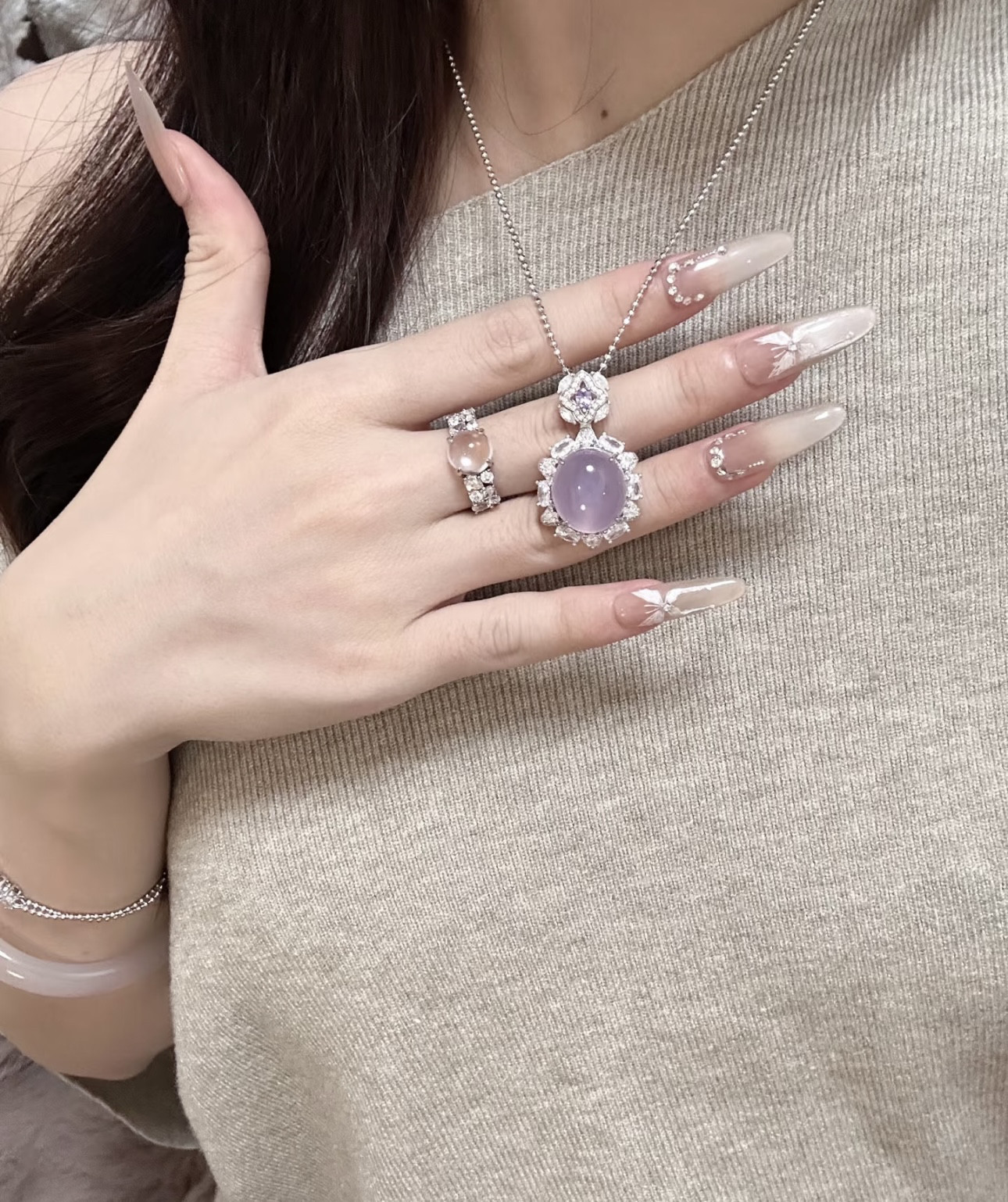 不掉色925银镀金天然紫罗兰玉髓项链女款时尚百搭饰品锁骨链礼物