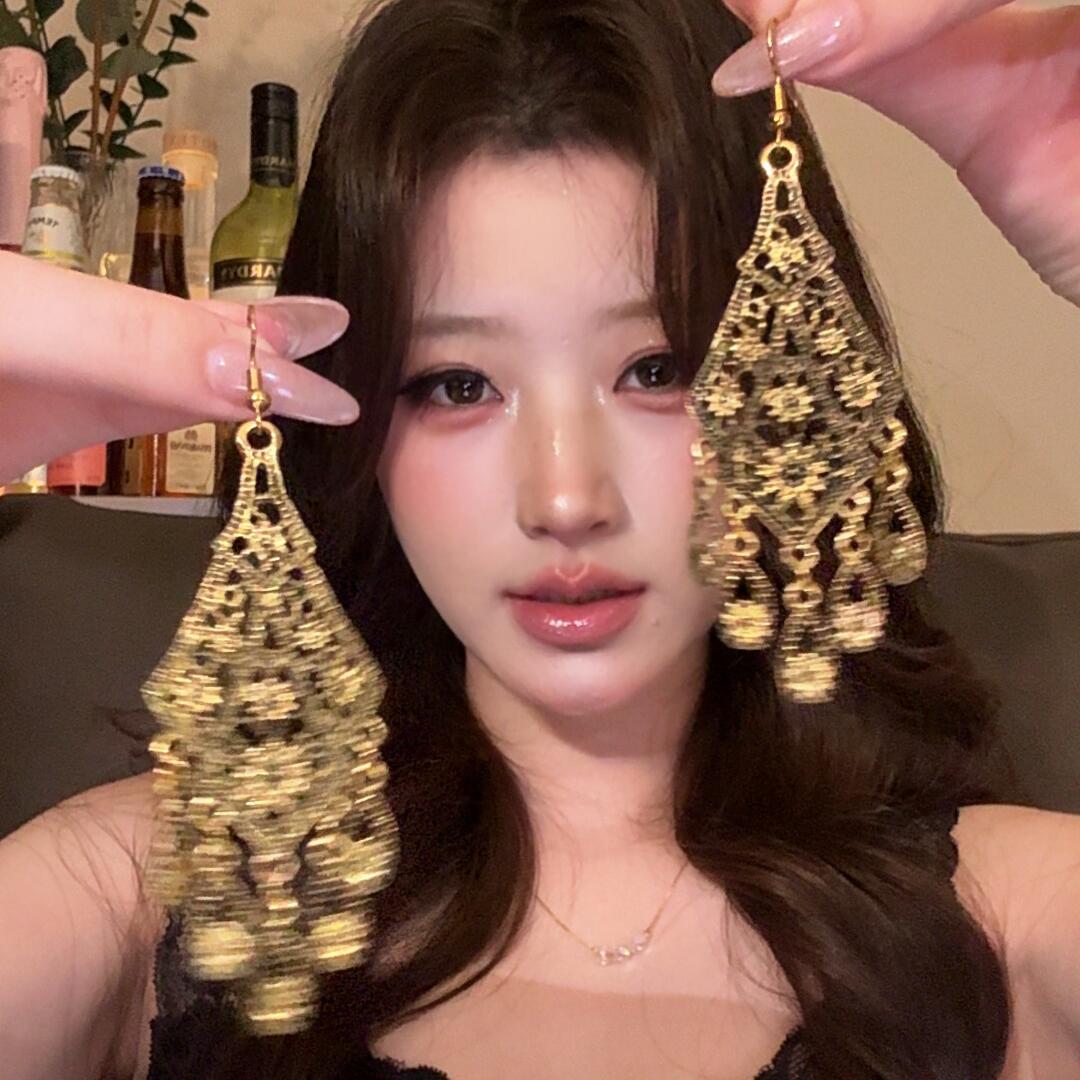 气质民族风!新中式水滴镂空流苏耳钉复古长款小众耳饰气质耳环