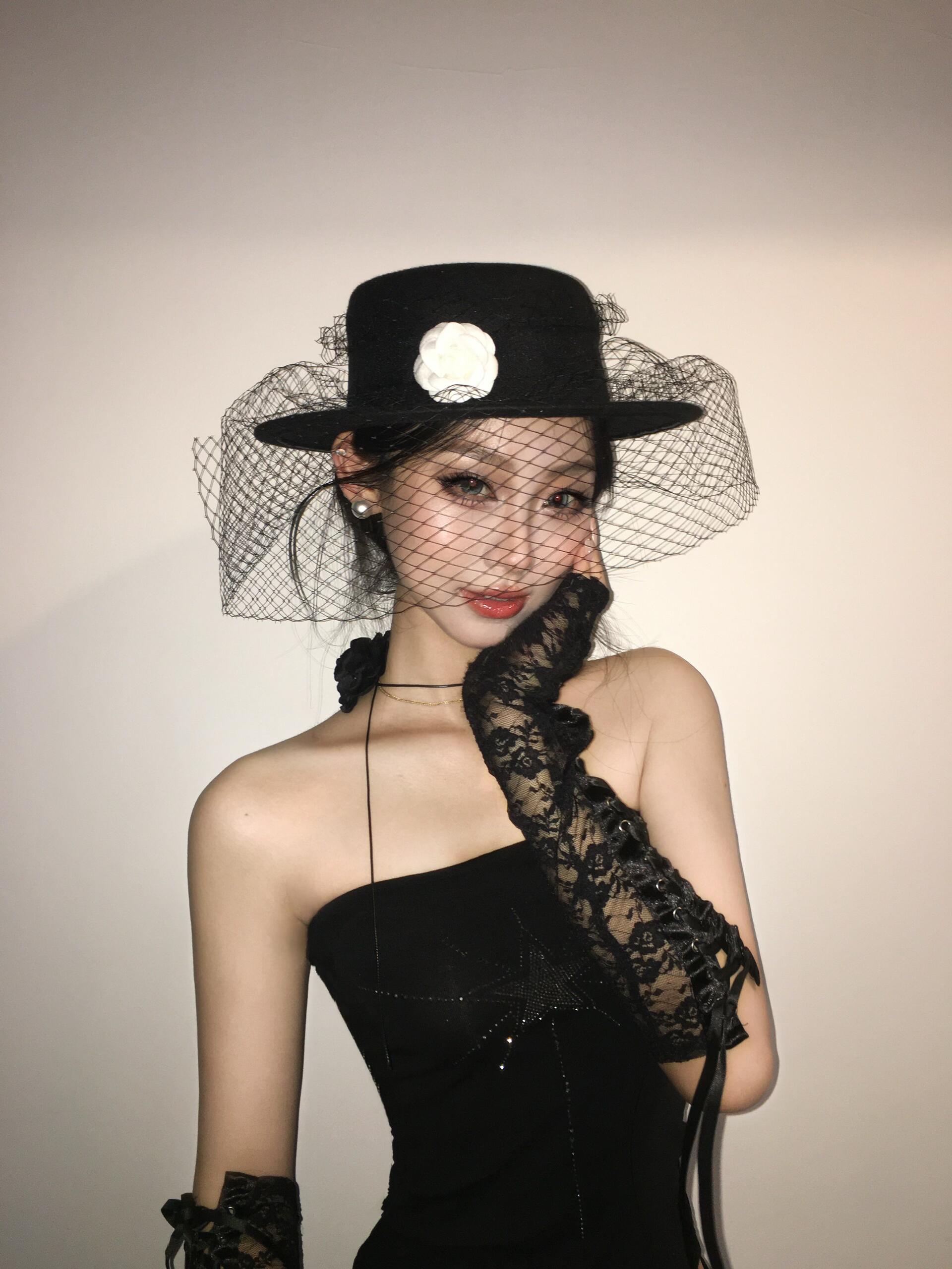 复古赫本风礼帽黑色网纱山茶花头饰法式名媛民国千金礼服配饰帽子