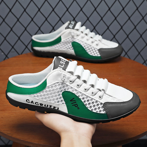 2025夏季新款网面透气一脚蹬懒人鞋时尚百搭休闲板鞋包头半托鞋男