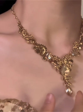 欧美夸张香槟色水滴流苏闪钻项炼耳环女新娘首饰礼服配饰百搭时尚