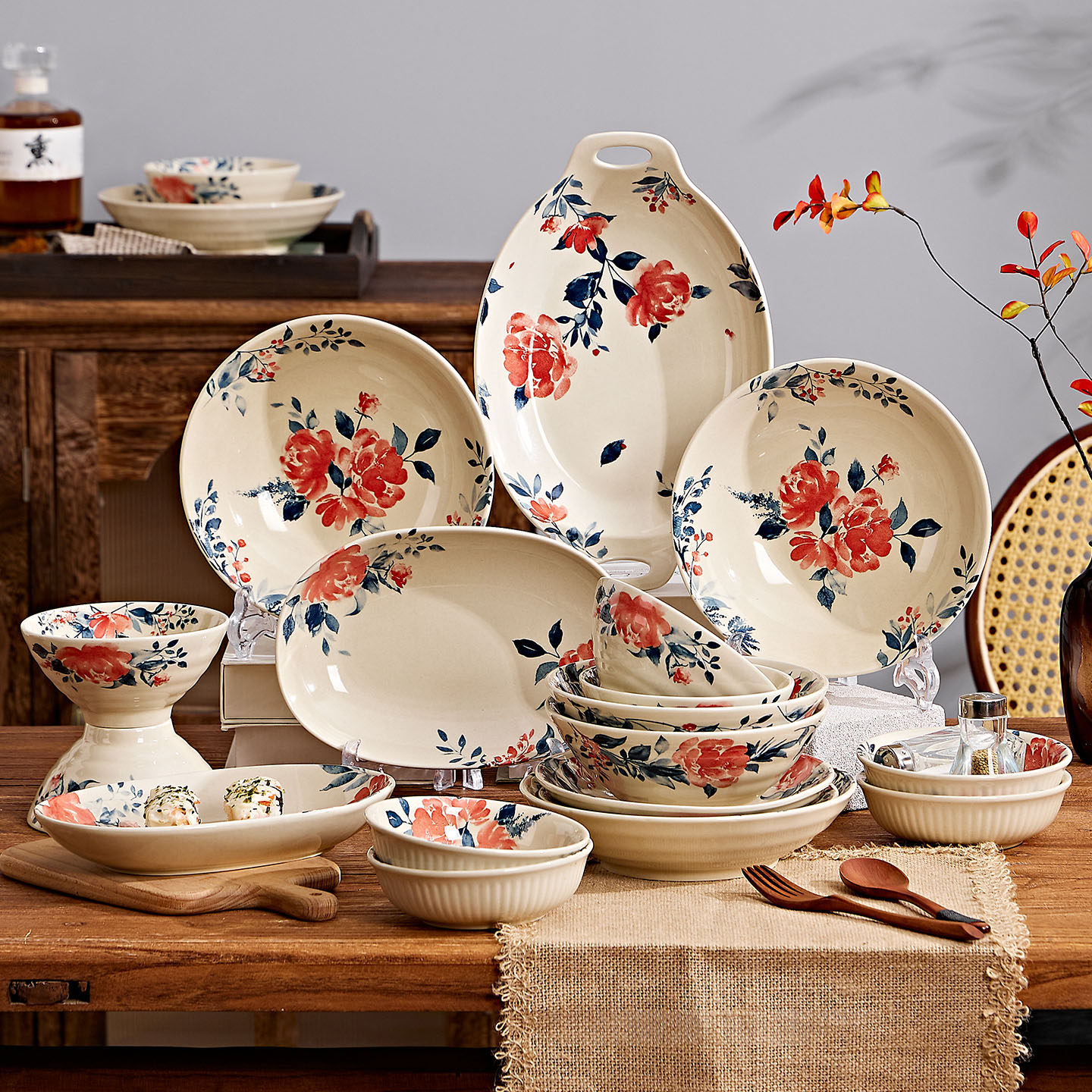 日式餐具套装家用2026新款高颜值复古釉下彩陶瓷碗盘组合乔迁送礼,餐饮具,碗,淘宝优惠券,粉丝福利购,淘宝优惠卷