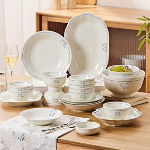 日式碗盘套装家用2026新款手绘卡通陶瓷碗碟餐具釉下乔迁新居乐园