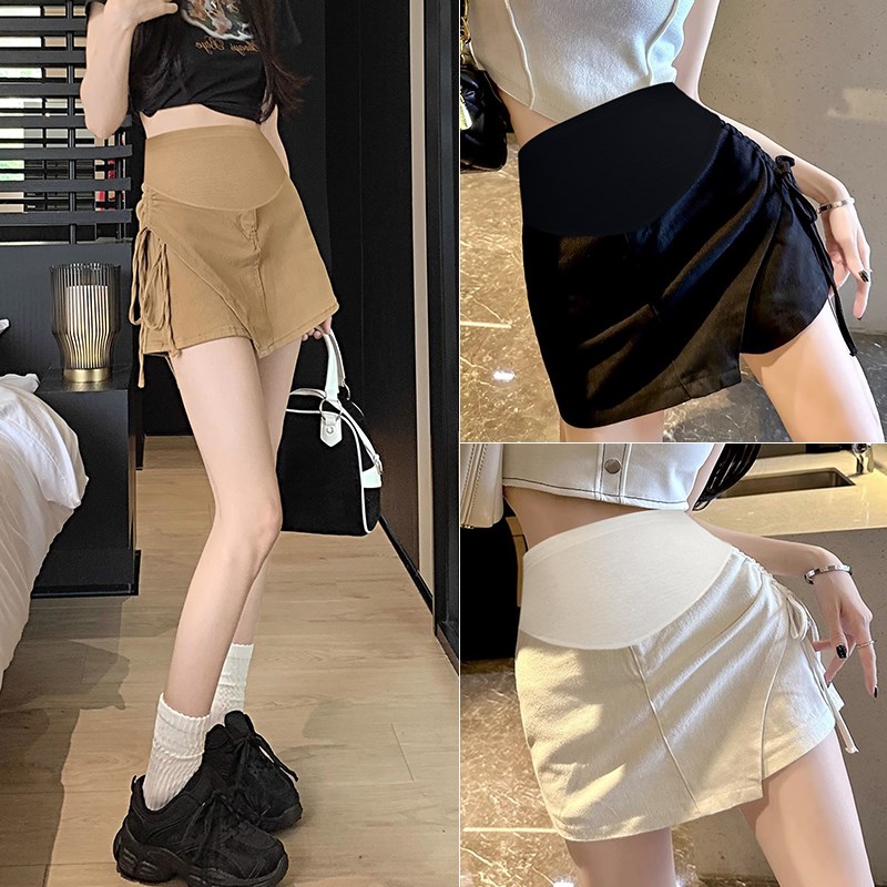 孕妇裤裙子夏季薄款外穿宽松慵櫴风系带开叉孕妇阔腿短裤裙小个子