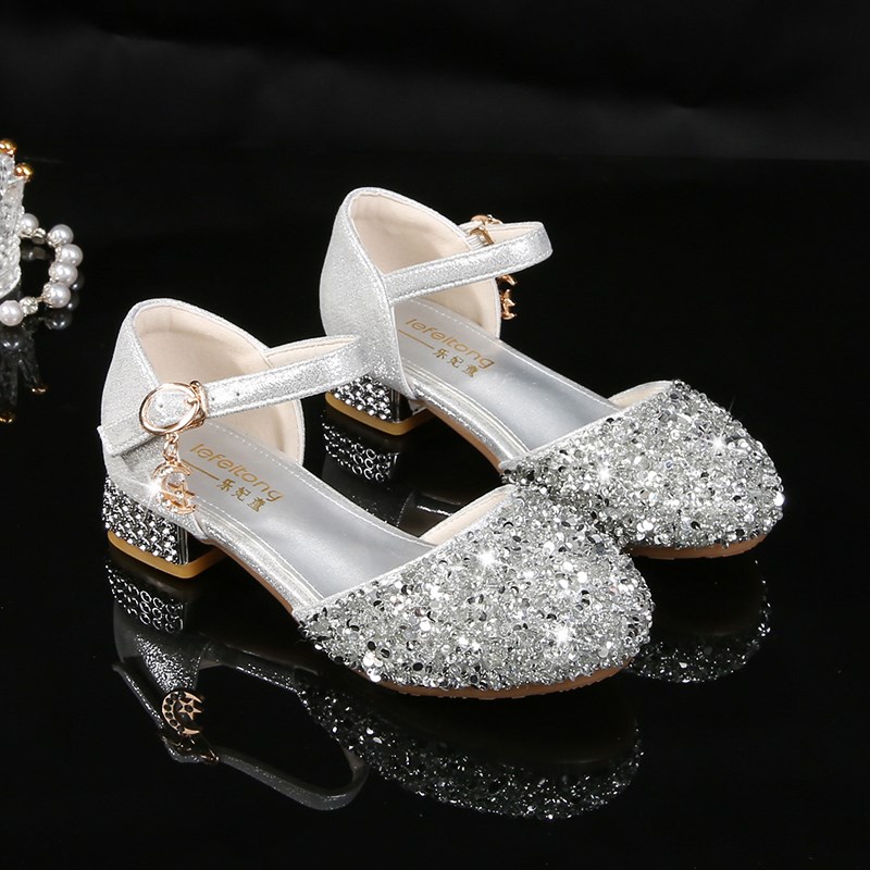 女童高跟鞋皮鞋公主鞋银色女孩走秀钢琴配礼服舞台演出儿童水晶鞋
