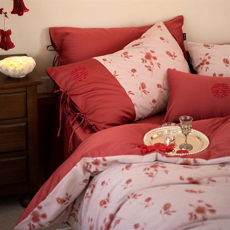 简约中式全棉色织婚庆四件套全棉60支红色喜字结婚被套床单床品