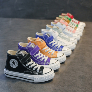 儿童高帮帆布鞋女童板鞋糖果色童鞋2023春季球鞋男童布鞋休闲鞋子