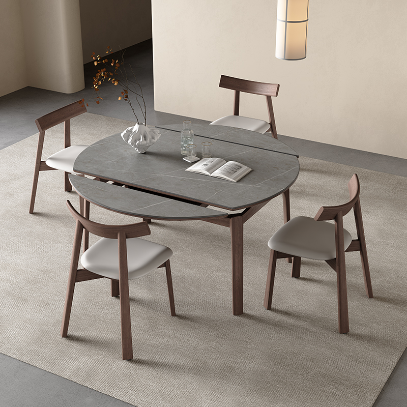 实木圆形餐桌可伸缩意式现代简约家用小户型灰色岩板圆餐桌饭桌椅
