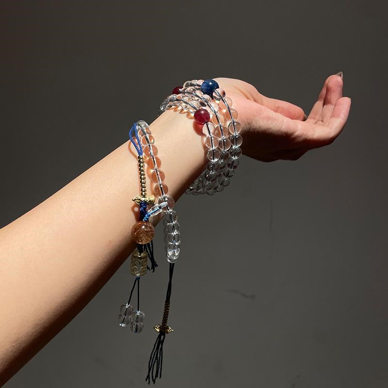 天然8A净体白水晶108颗佛珠手链蓝晶石黄水晶多宝手持念珠情侣款