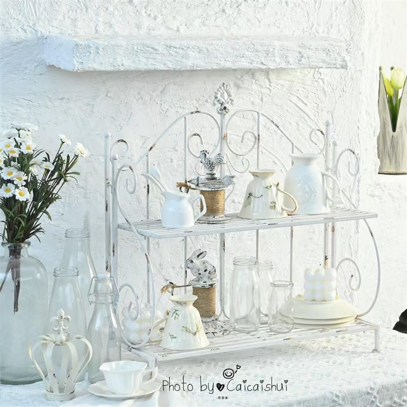 法式铁艺桌面双层置物架收纳展示书架整理杯架花园植物多肉花架子