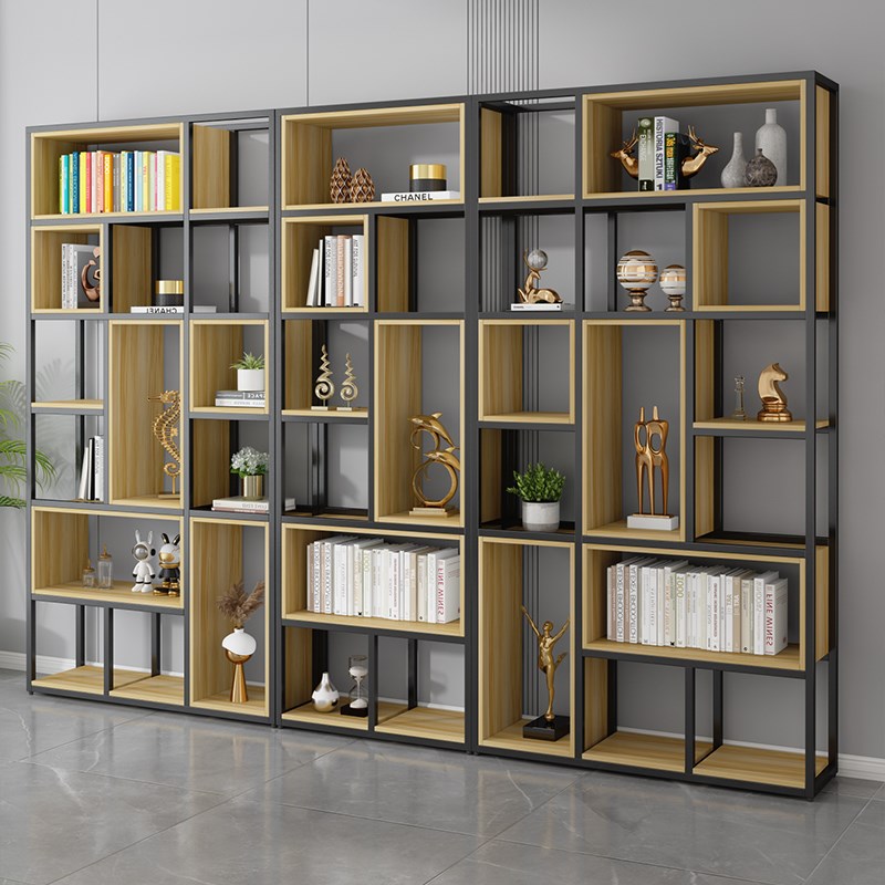 美式铁艺落地屏风隔断客厅t架子实木书架现代简约展示架隔板置物