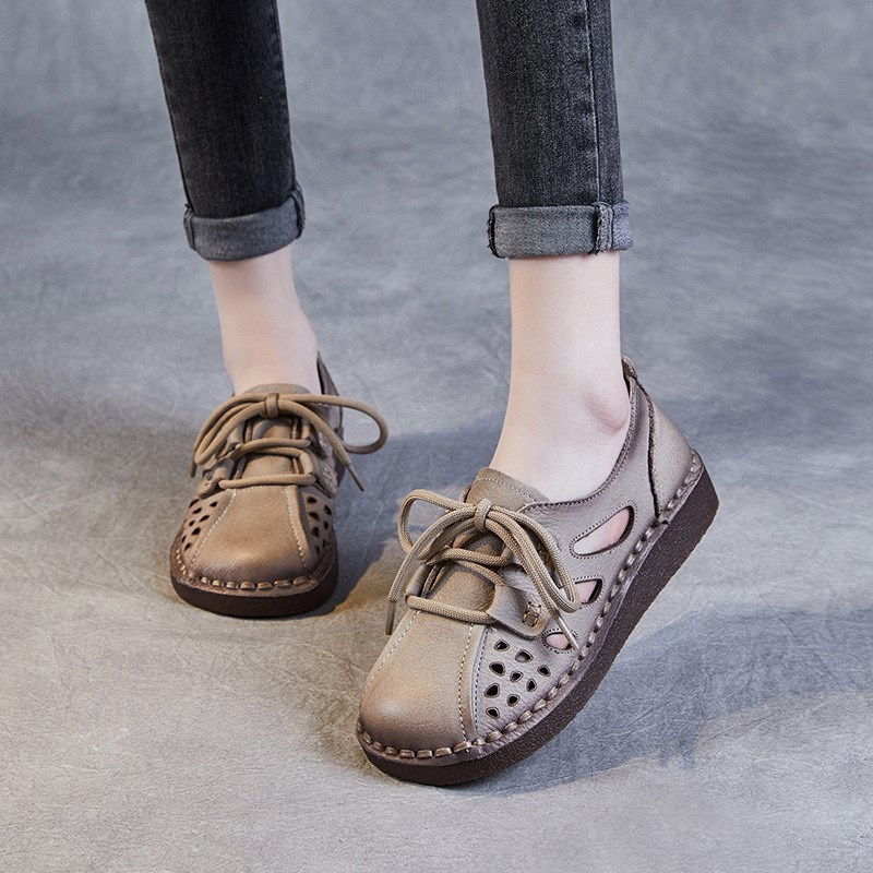 艺鞜2025春夏新款复古真皮包头凉鞋女洞洞鞋休闲镂空鞋透气妈妈鞋