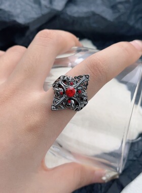 戒指女小众设计轻奢高级感可调节男款黑色十字架食指复古指环女士