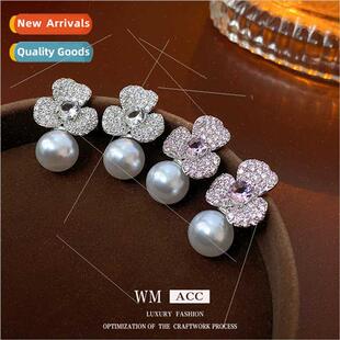 flower zirconia needle earrings French pearl lver