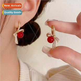 red pearl earrings Koreaelegant winter bow fall niche retro