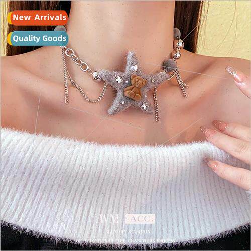 Plush star bear orb tassel necklace ins fall winter collarbo