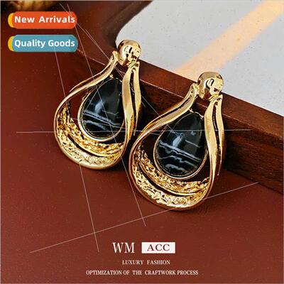 lver needle hollow water drop agate metal earrings French ga