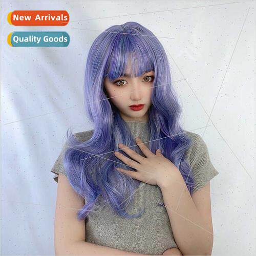 Anime wig female haze blue long curly hair air bangs high te