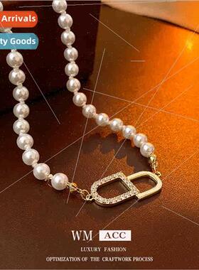 Pearl necklace zirconia letters matching collarbone chain ne