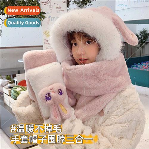 Hat gloves scarf all-in-one warm three-piece cute rabb ears