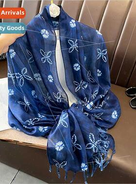 Spring Autumn blue batik cotton linen feel 180 large long sc