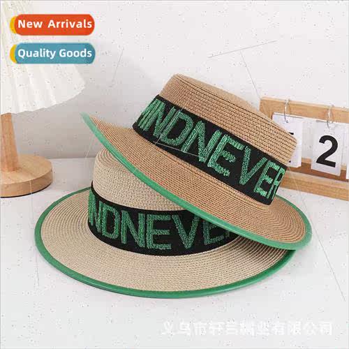 Towel Embroidery Letter Webbing Flat Straw Hat Outdoor Vacat