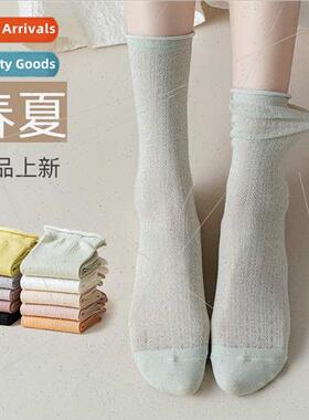Socks women mid-calf spring mesh breathable thin solid color
