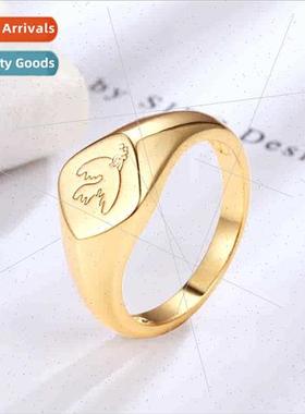 Europe minimalist vintage gold stamp ring women ins engraved