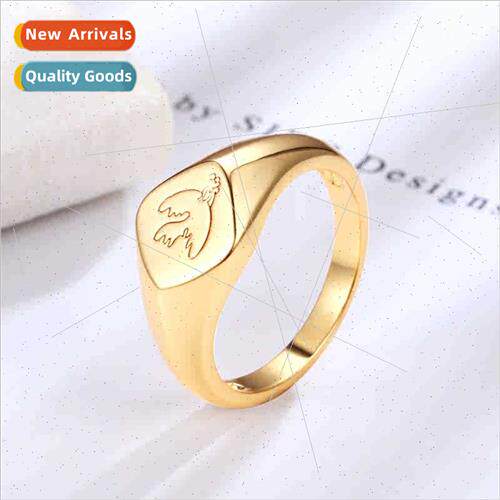 Europe minimalist vintage gold stamp ring women ins engraved