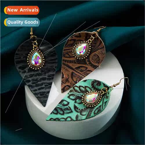 earrings female creative set glass diamond leopard leather p