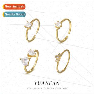 s925 female square ring line zirconia inlaid silver simple