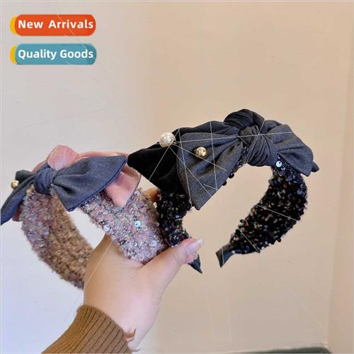 Korean  sequins color blocking bow hairpin headband female