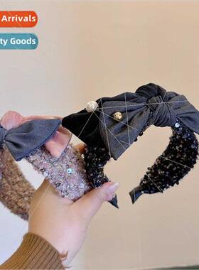 Korean  sequins color blocking bow hairpin headband female