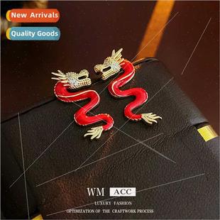 red oil vintage pin ear earrings zirconia dragon silver drop