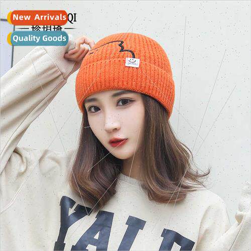 winter smiley face cloth label wool cap ladies youth campus