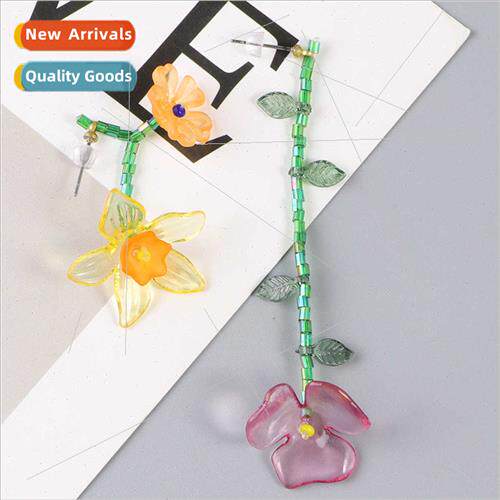 Ins resin transparent flowers asymmetric long earrings handm