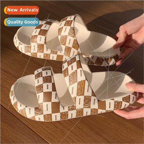Cartoon cute girl heart plaid bear double strap sandal slipp