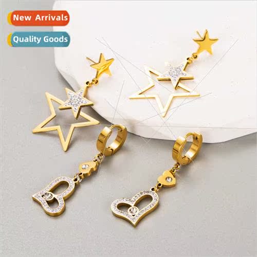 Korean pentagram love tanium steel inlaid diamond long tempe