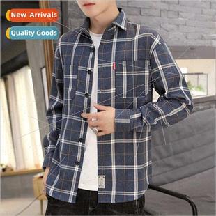 plaid long new cardigan Korean men shirt Autumn sleeved