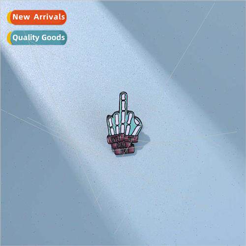 Creative quirky middle finger skull shape punk badge persona