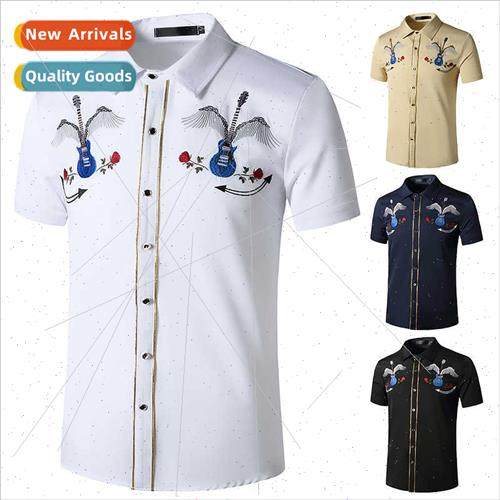 Men Western Cowboy Shirt Embroidered Denim Short Sleeve Slee