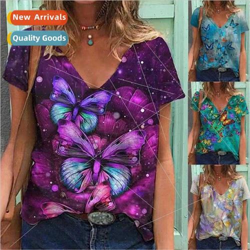 2023 summer new women bottoming shirt butterfly printing sho