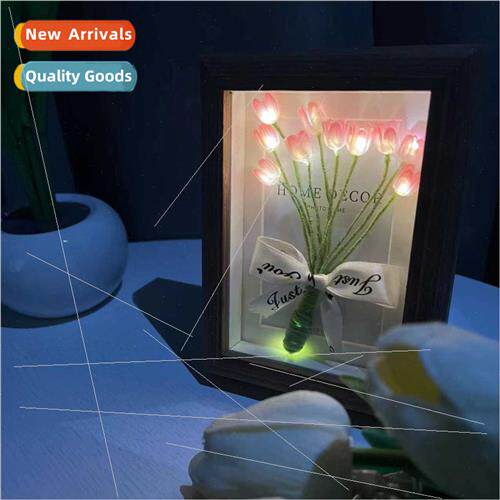 Vintage solid wood photo frame DIY tulip night light materia