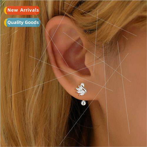 Set zirconia swan screw beads earrings new celebry full diam