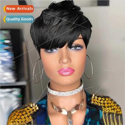 Wig Europe Women Fashion Fiber Head Cover Black Parted Short