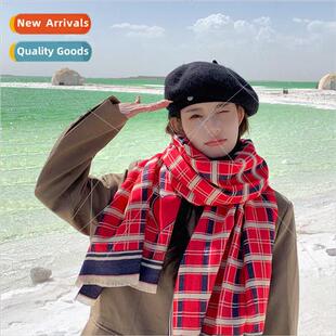 Scarf autumn winter red plaid warm shawl Korean  double-side