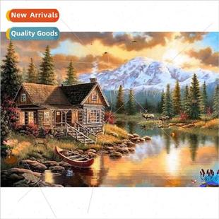 hut liv mountain modern New painting landscape river diamond