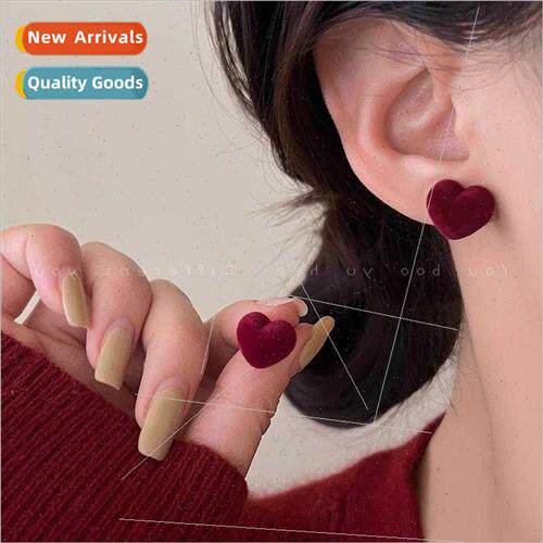 Autumn winter retro flocking love heart earrings female smal